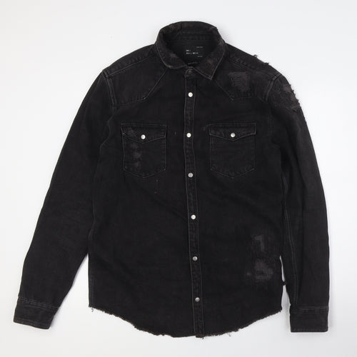 Zara Mens Black Cotton Button-Up Size L Collared Snap - Destressed