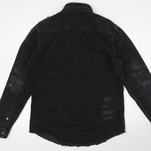 Zara Mens Black Cotton Button-Up Size L Collared Snap - Destressed