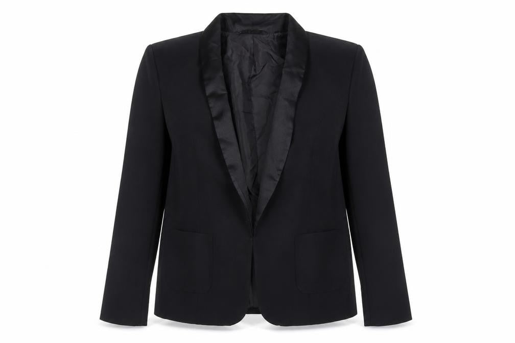 Front view of Miso women’s black jacket blazer, size UK 10, - open