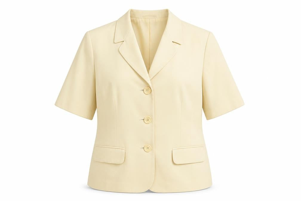 Front view of Country Casuals women’s yellow jacket blazer, size UK 16, button