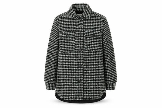 Front view of H&M women’s green geometric overcoat coat, size S, button