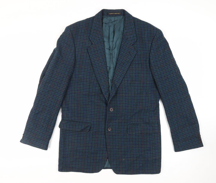 St Michael Mens Blue Geometric Wool Jacket Blazer Size 40 Regular - Vintage