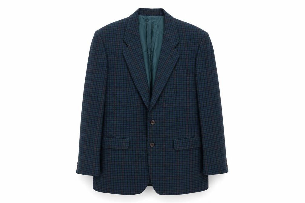 Front view of St Michael men’s blue geometric wool jacket blazer, size 40, regular - vintage