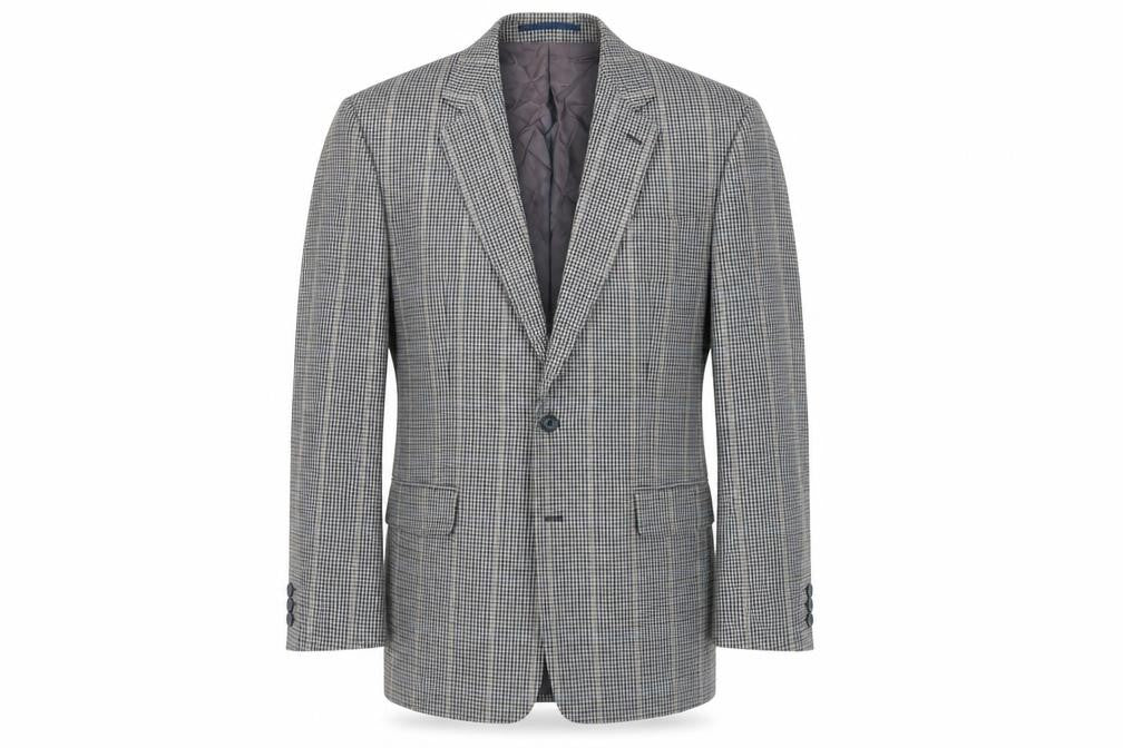Front view of Charly O'Brian men’s grey plaid polyester jacket blazer, size 42, regular