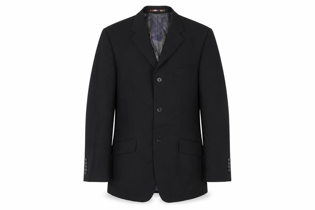 Front view of River Island men’s black polyester jacket suit jacket, size 40, regular