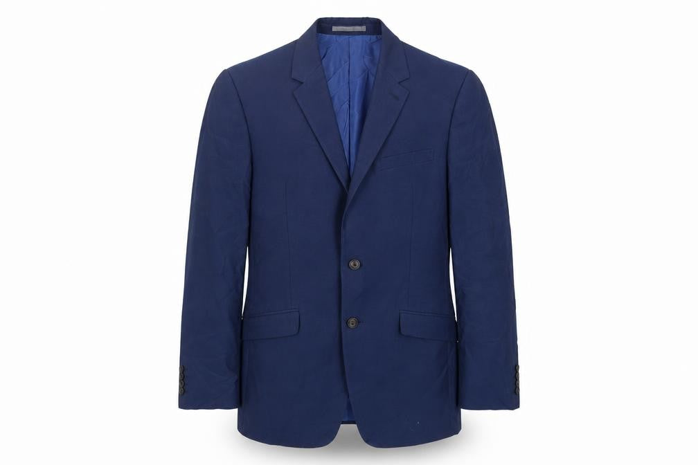 Front view of Marks & Spencer men’s blue polyester jacket suit jacket, size 38, regular