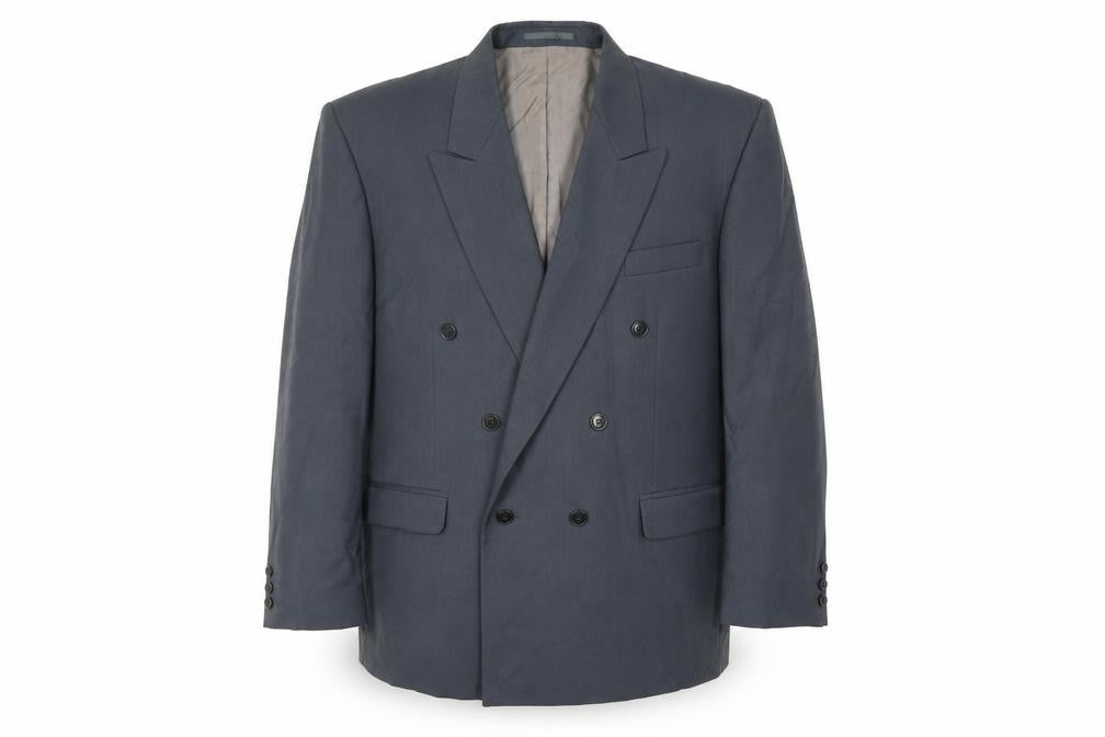 Front view of Sergio Rossi men’s green striped polyester jacket suit jacket, size 46, regular
