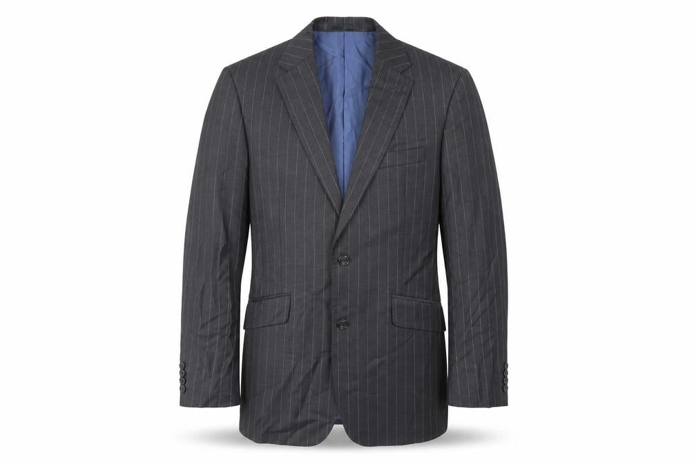Front view of Samuel Windsor men’s grey striped wool jacket suit jacket, size 38, regular