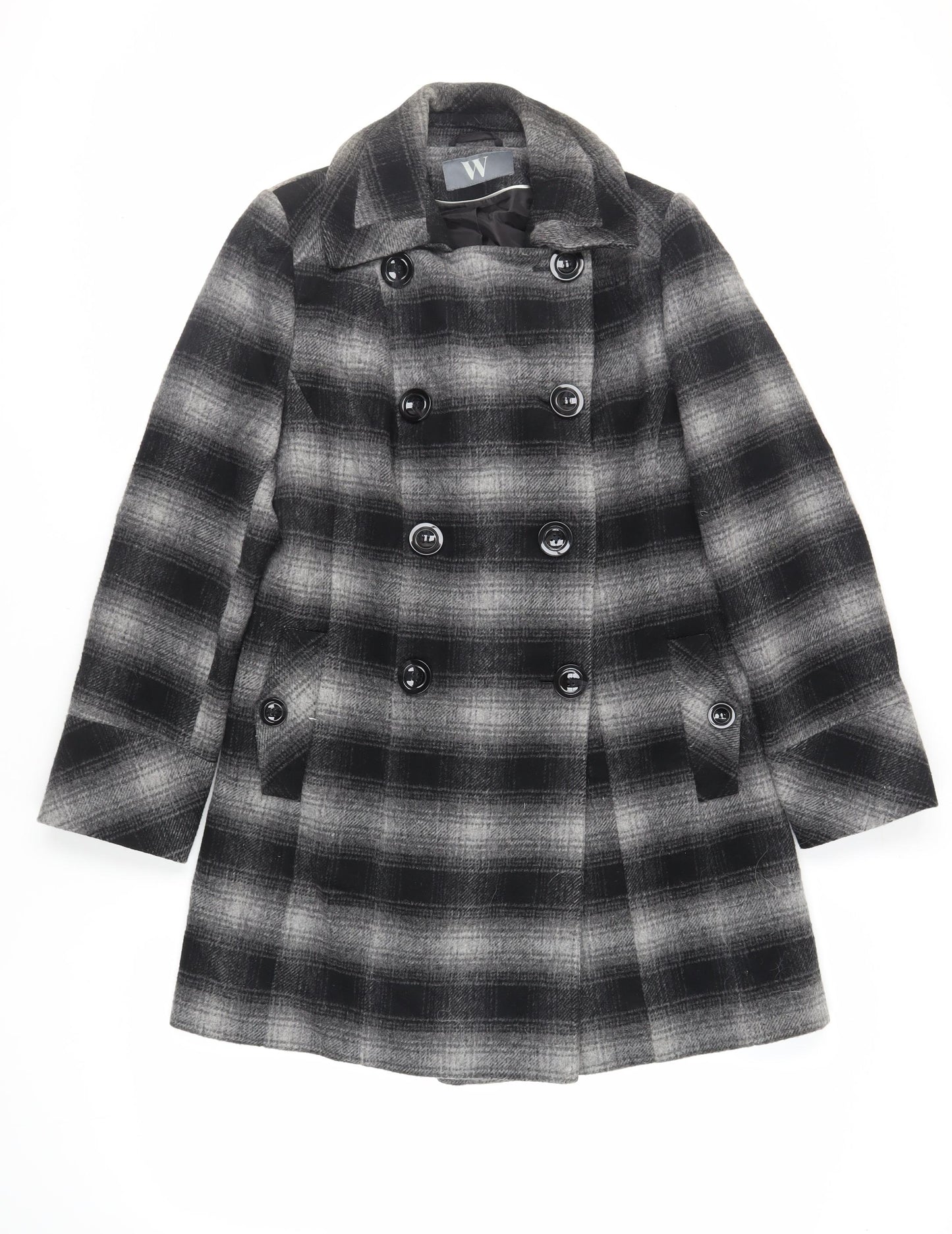 BHS Womens Grey Plaid Pea Coat Coat Size 12 Button