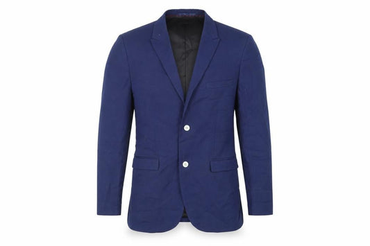 Front view of H&M men’s blue polyester jacket blazer, size 44, regular