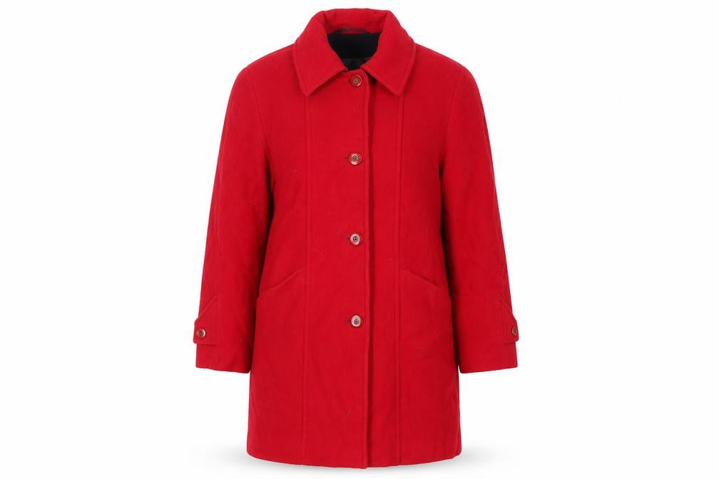 Front view of Astraka women’s red overcoat coat, size UK 10, button - vintage