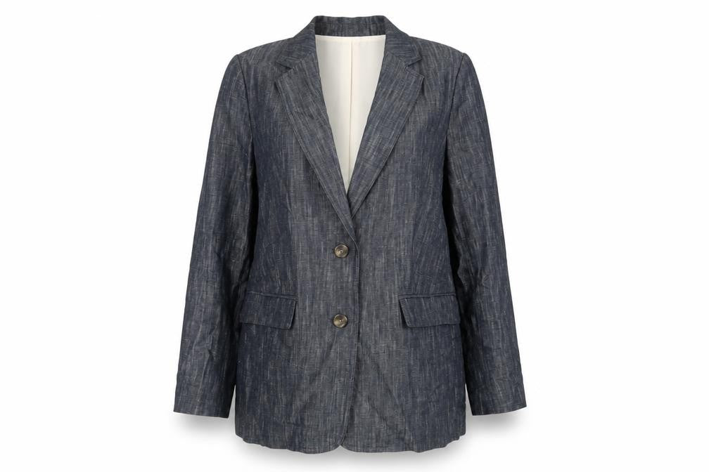 Front view of Marks & Spencer women’s blue jacket blazer, size UK 16, button