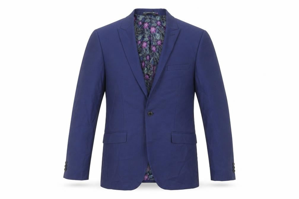 Front view of Marks & Spencer men’s blue polyester jacket suit jacket, size 40, regular