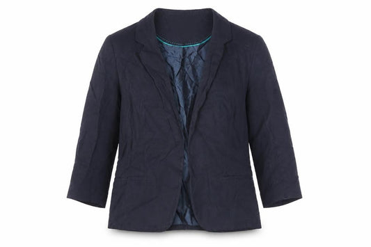 Front view of Autograph women’s blue jacket blazer, size UK 14, - open