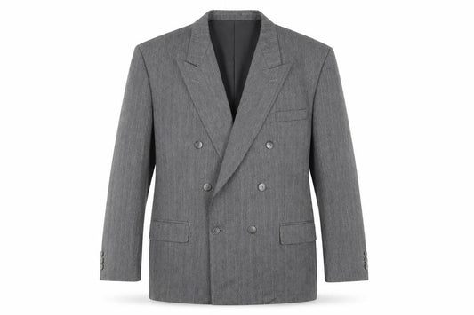 Front view of Harbarry of England men’s grey striped polyester jacket suit jacket, size 46, regular