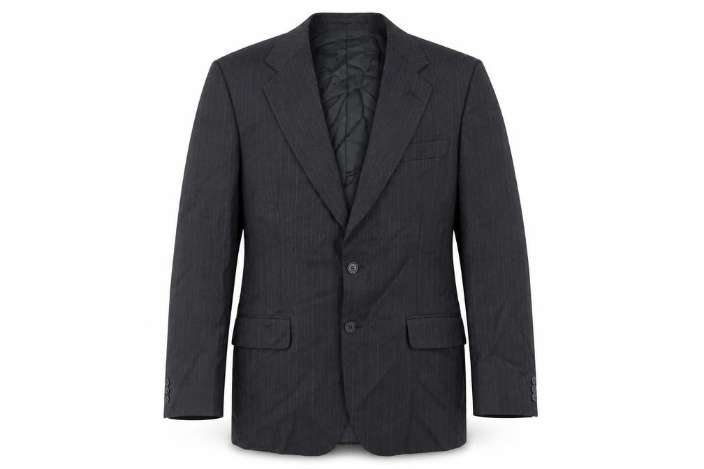 Front view of Marks & Spencer men’s grey striped polyester jacket suit jacket, size 38, regular
