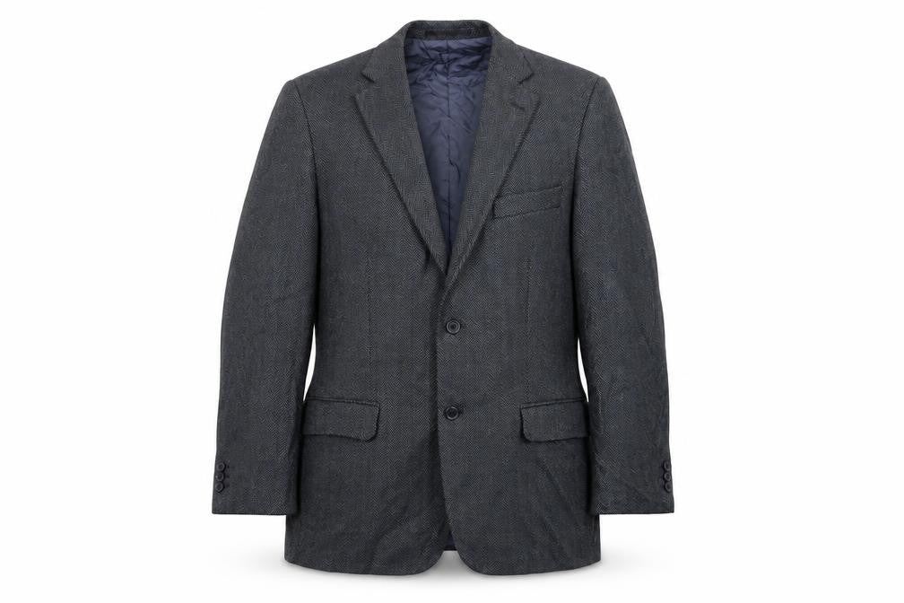 Front view of Wellington men’s blue herringbone wool jacket blazer, size 42, regular