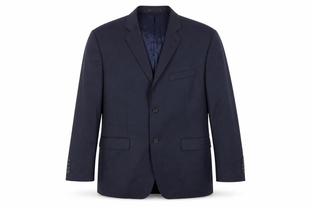 Front view of Greenwoods men’s blue striped polyester jacket suit jacket, size 44, regular