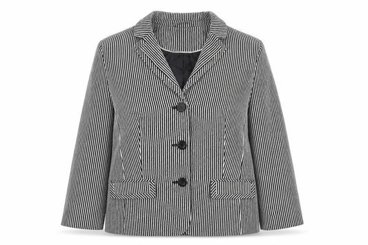 Front view of Debenhams women’s black striped jacket blazer, size UK 18, button