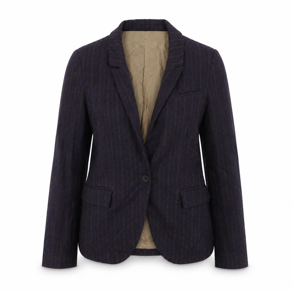 Front view of Zara women’s purple striped jacket blazer, size L, button