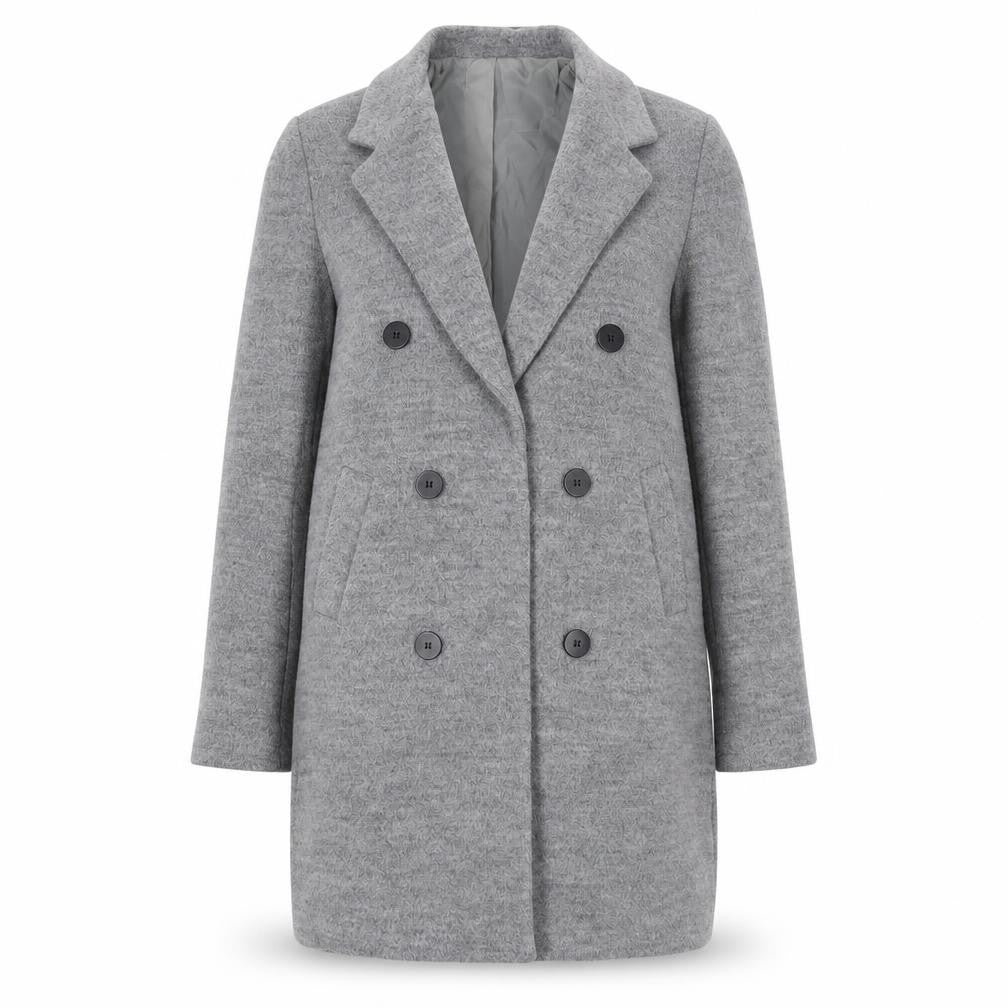 Front view of Boohoo women’s grey overcoat coat, size UK 10, button