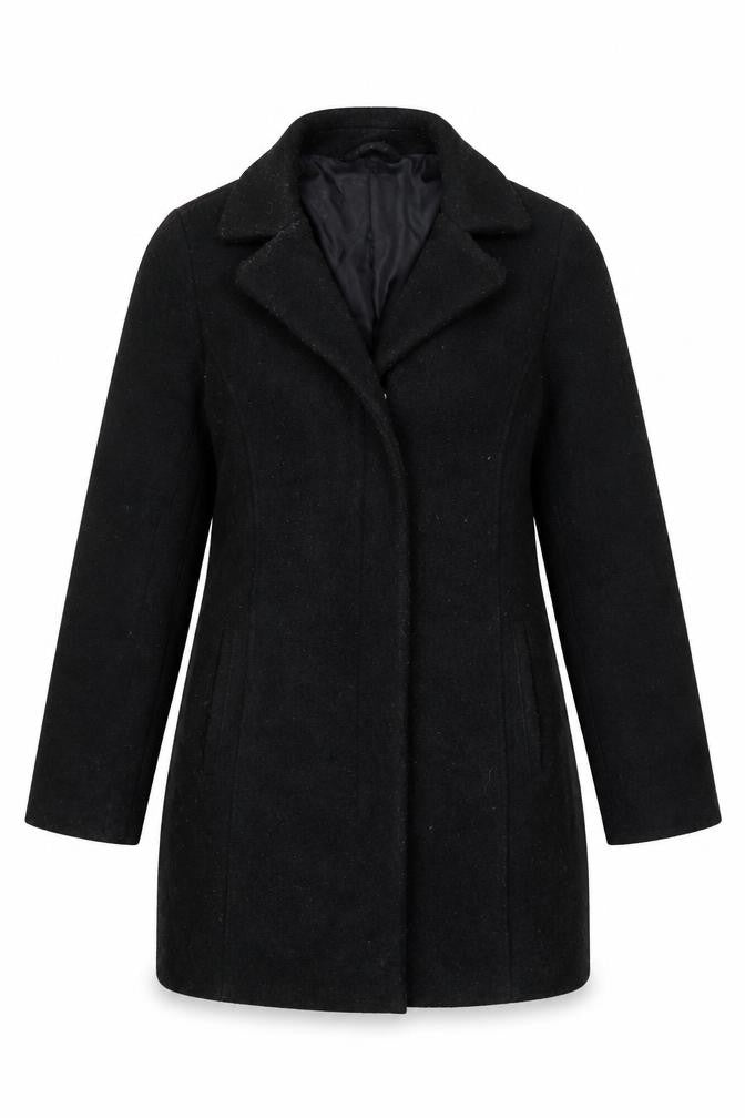 Front view of New Look women’s black overcoat coat, size UK 12, zip