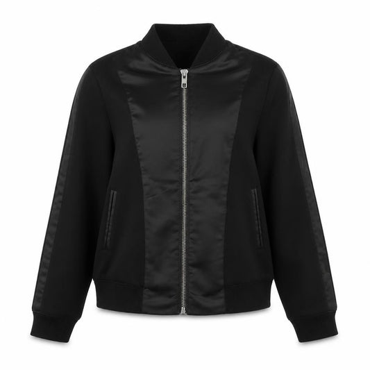 Front view of Label Lab women’s black bomber jacket coat, size UK 10, zip