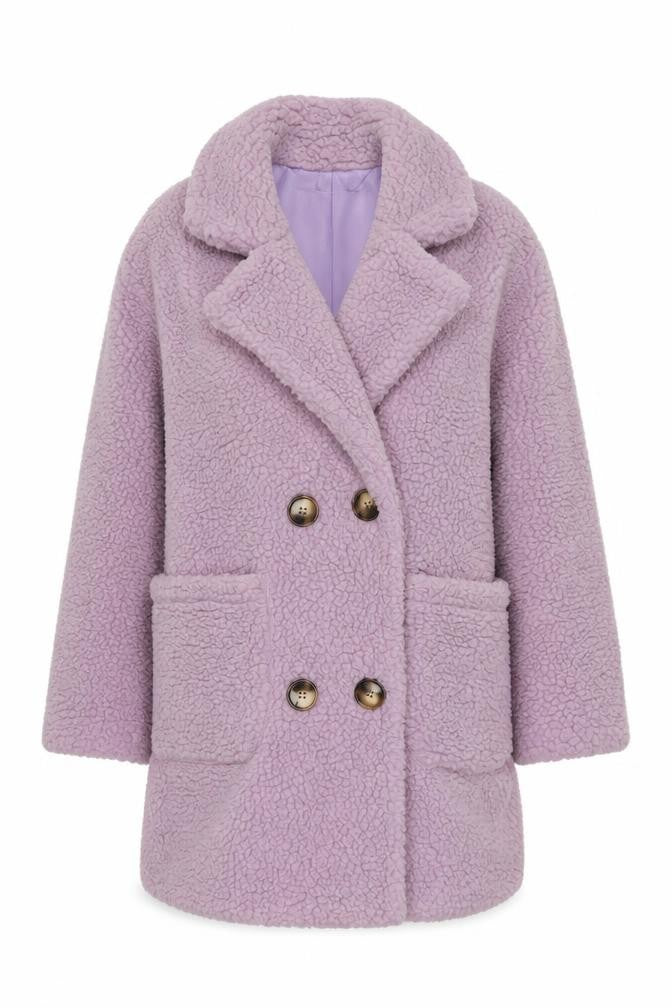 Front view of PRETTYLITTLETHING women’s purple overcoat coat, size UK 8, button