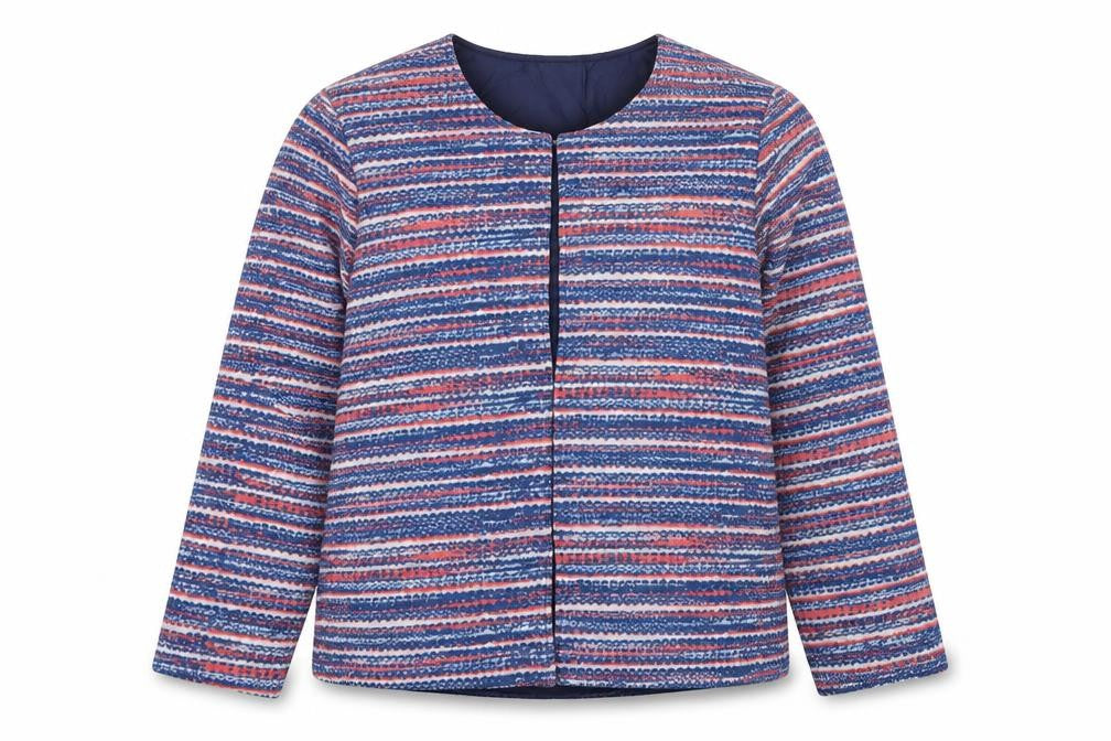 Front view of Anne de Lancey women’s multicoloured striped jacket, size M, hook & eye