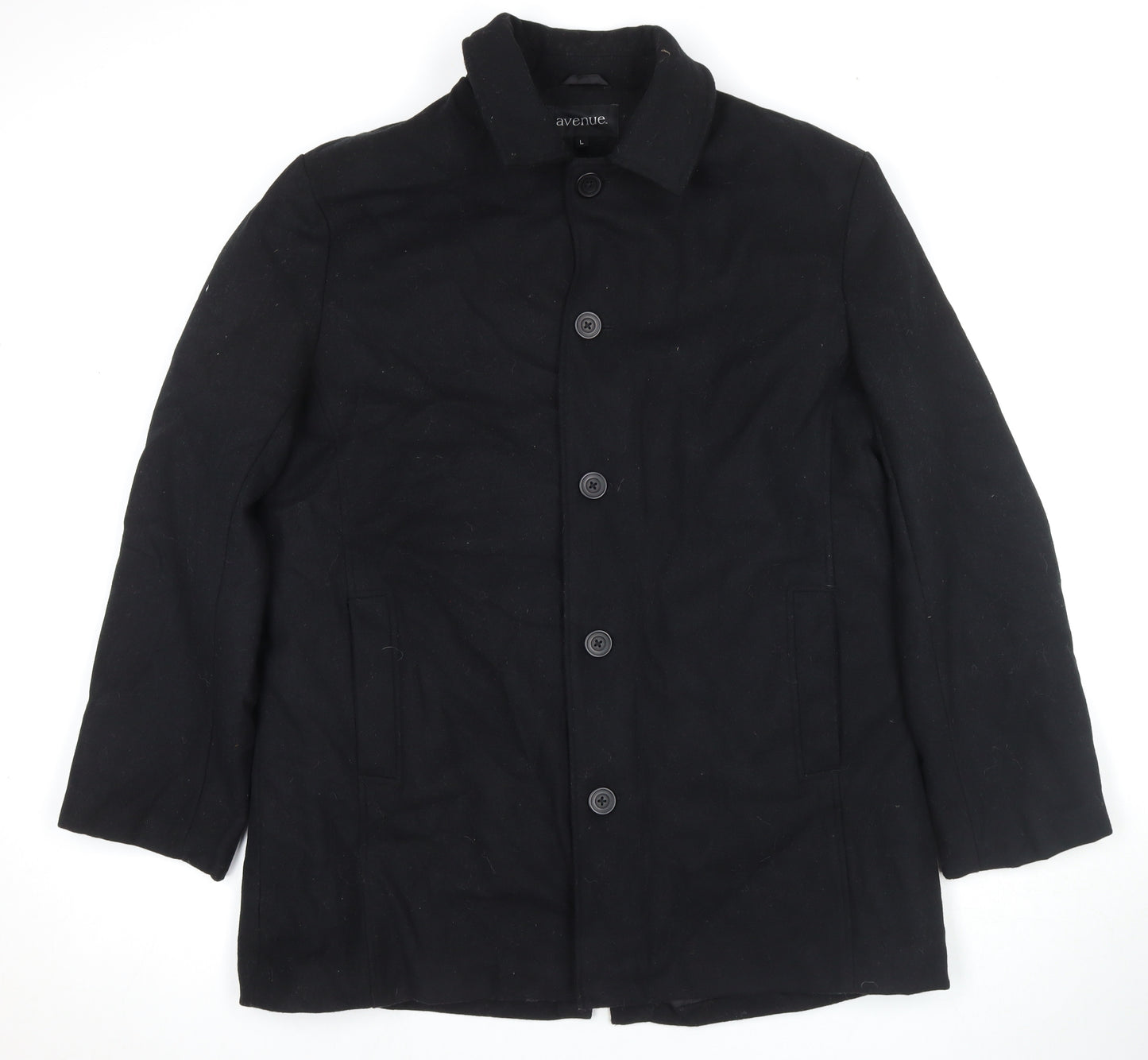 Avenue Mens Black Overcoat Coat Size L Button