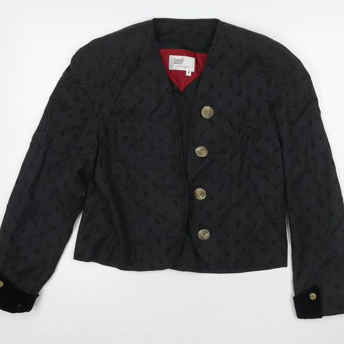 Sandy Womens Black Geometric Jacket Blazer Size 12 - Fake Button Detail
