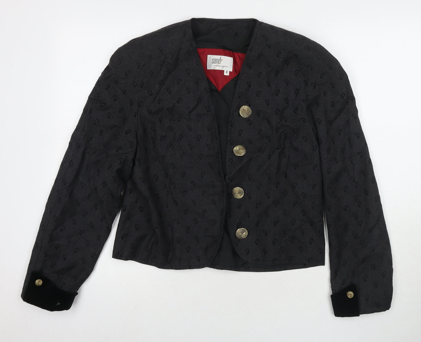 Sandy Womens Black Geometric Jacket Blazer Size 12 - Fake Button Detail