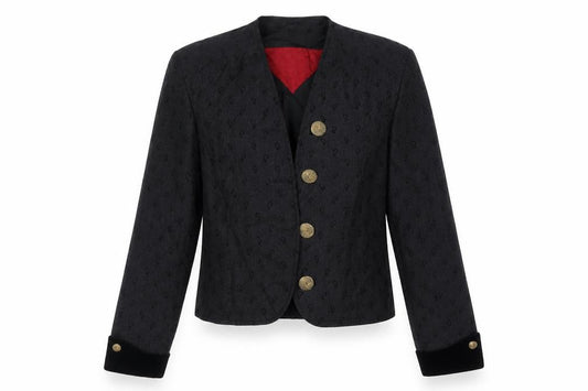 Front view of Sandy women’s black geometric jacket blazer, size UK 12, - fake button detail