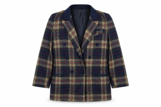 Front view of Simply French women’s multicoloured check jacket, size UK 14, button