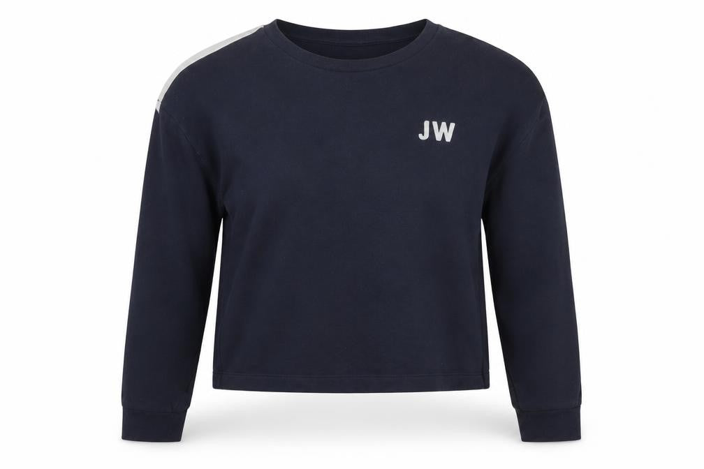 Front view of Jack Wills women’s blue cotton pullover sweatshirt, size UK 14, pullover