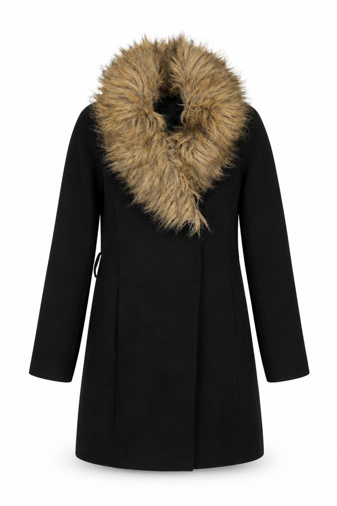 Front view of New Look women’s black overcoat coat, size UK 8, button