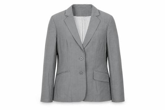 Front view of Next women’s grey striped polyester jacket suit jacket, size UK 14