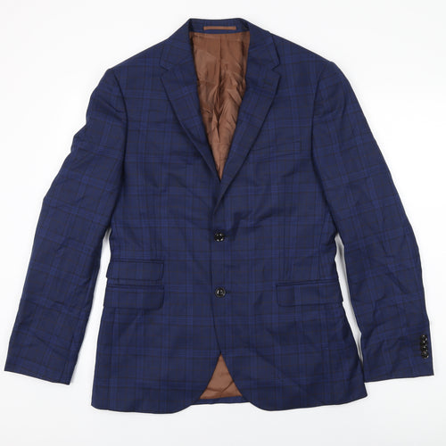 Fellini Mens Blue Plaid Wool Jacket Suit Jacket Size 40 Regular