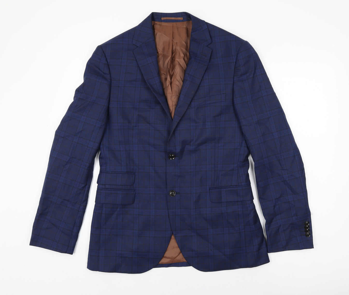 Fellini Mens Blue Plaid Wool Jacket Suit Jacket Size 40 Regular
