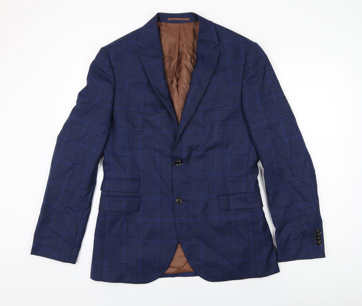 Fellini Mens Blue Plaid Wool Jacket Suit Jacket Size 40 Regular