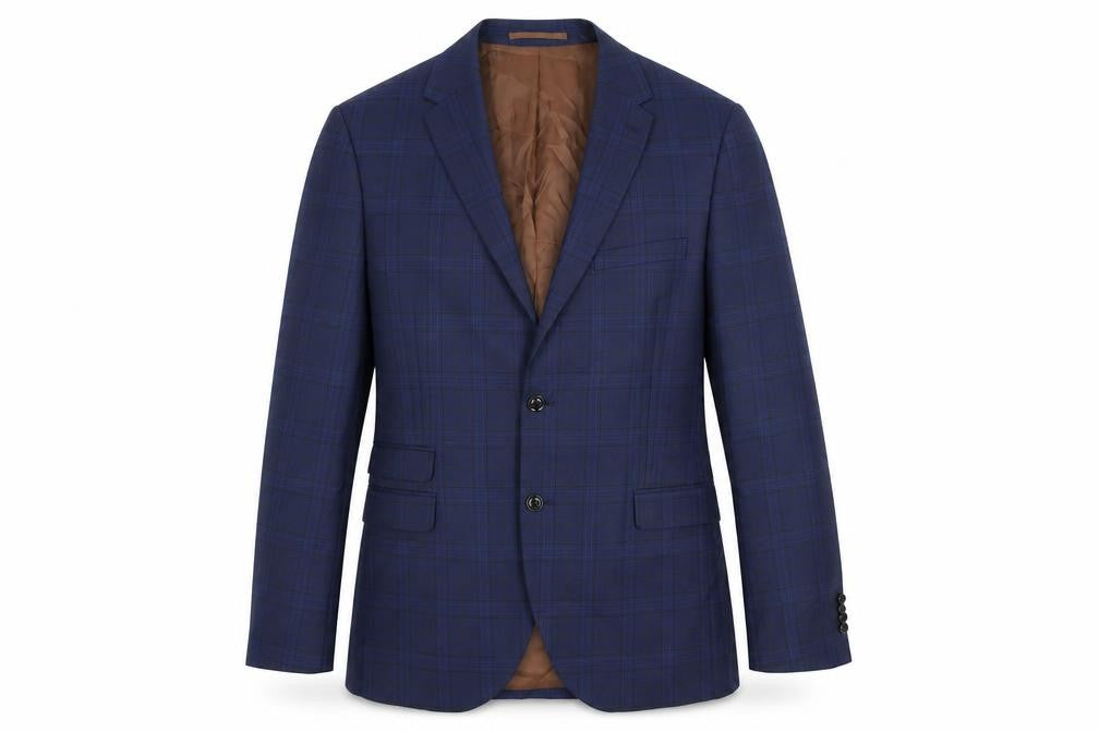 Front view of Fellini men’s blue plaid wool jacket suit jacket, size 40, regular