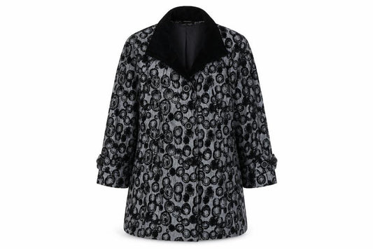 Front view of Roman women’s grey geometric overcoat coat, size M, button