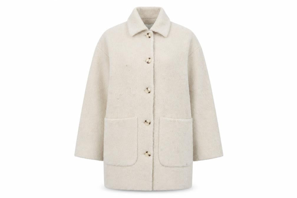 Front view of Monki women’s beige overcoat coat, size S, button