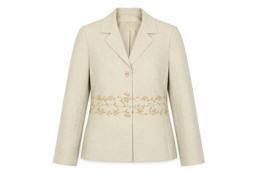 Front view of Kasper women’s beige geometric jacket, size UK 8, button