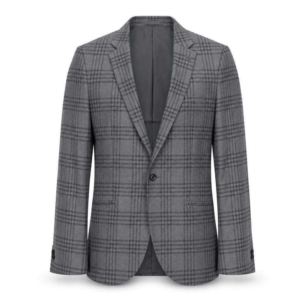 Front view of Moss London men’s grey plaid polyester jacket suit jacket, size 38, regular