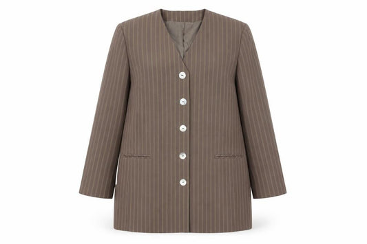 Front view of Essentials women’s brown striped jacket, size UK 18, button
