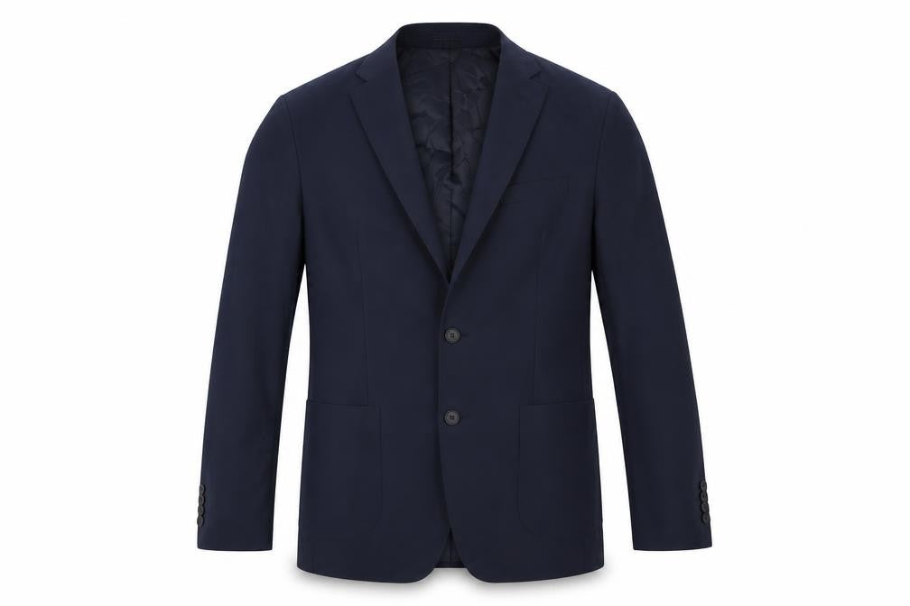 Front view of Marks & Spencer men’s blue polyester jacket suit jacket, size 42, regular