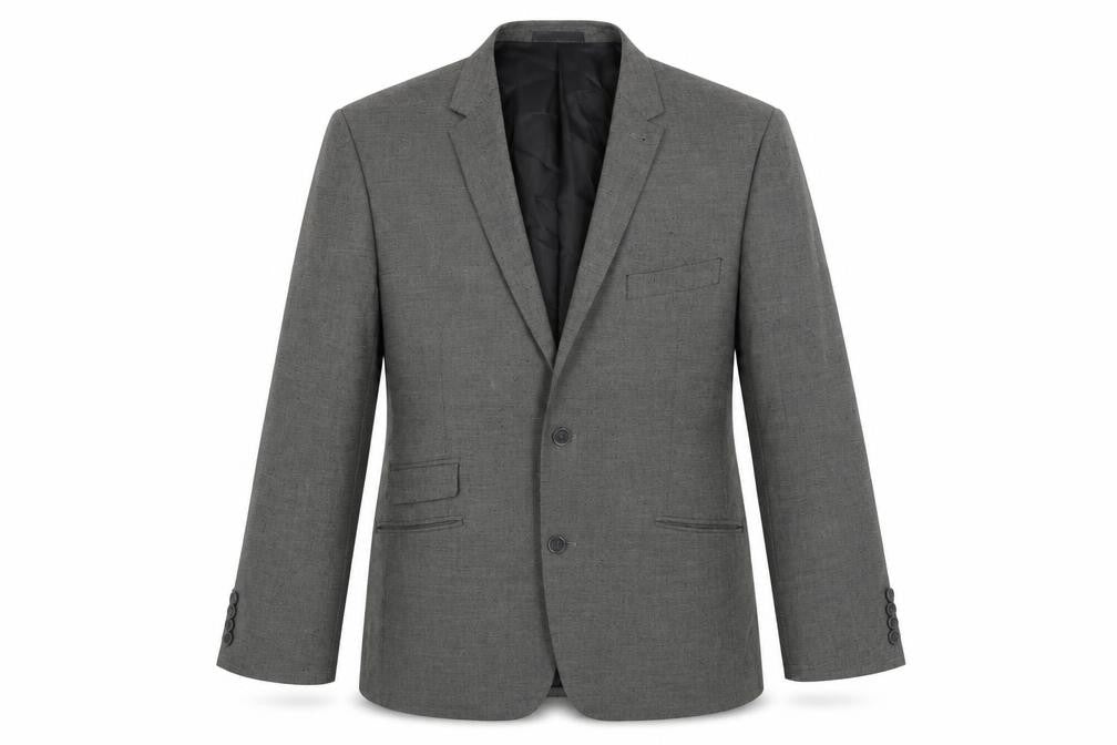 Front view of Business Boutique men’s grey polyester jacket suit jacket, size 48, regular