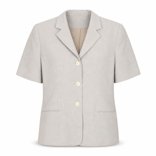 Front view of Bonmarché women’s beige polyester basic button-up, size UK 12, collared