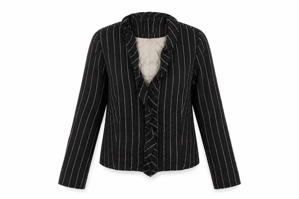 Front view of Rosie's L.F.Coll women’s brown striped jacket, size UK 12, hook & eye
